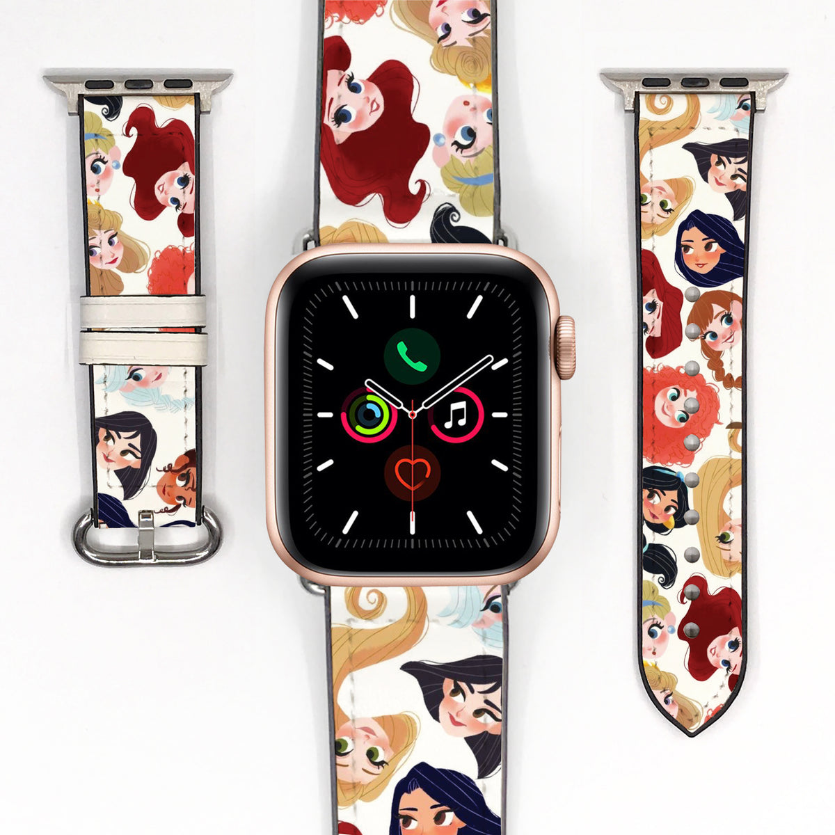 Smartwatch with a colorful band featuring disney princess characters on a white background