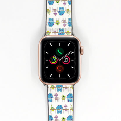 Smartwatch with a colorful monster inc characters patterned band on a white background