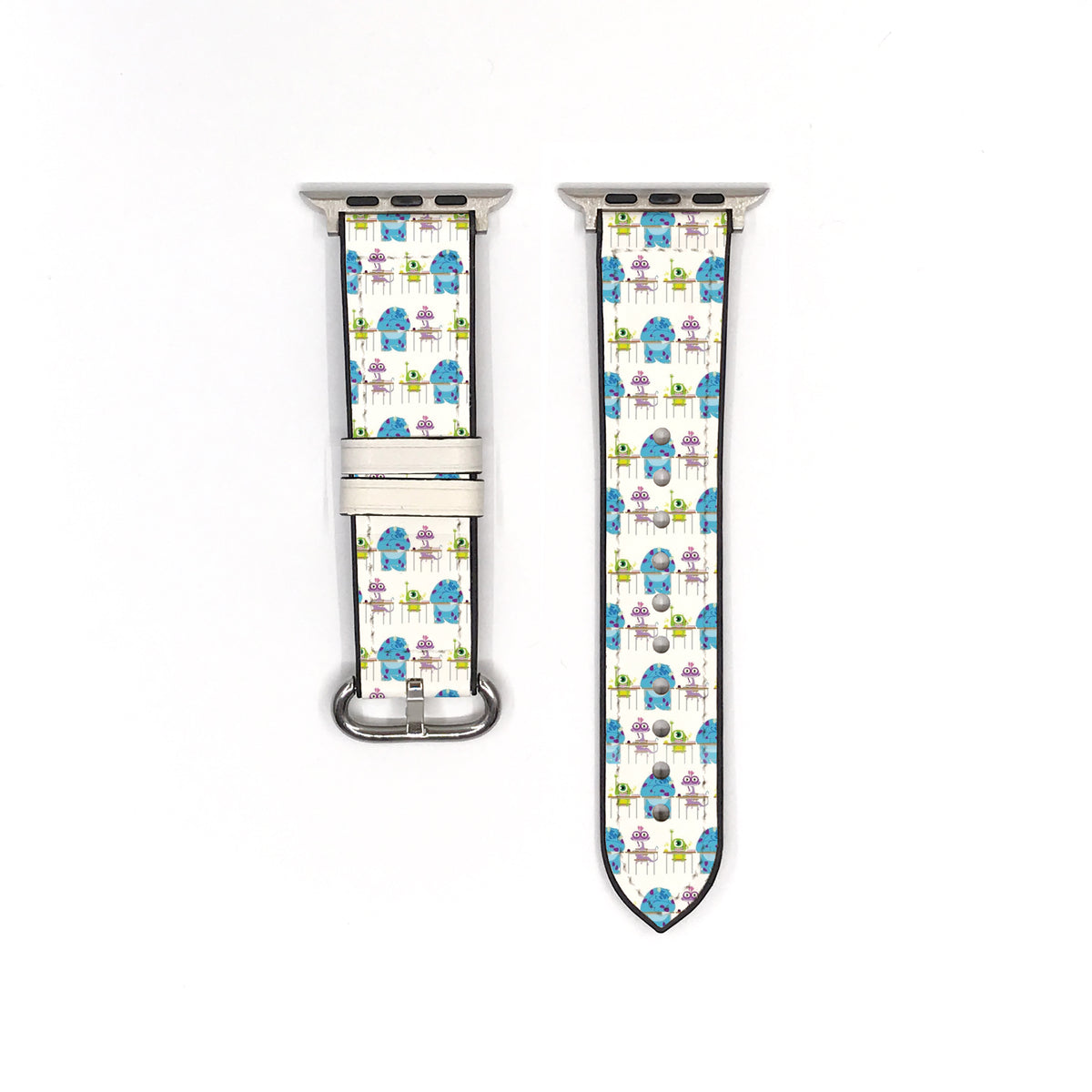 Smartwatch with a colorful monster inc characters patterned band on a white background