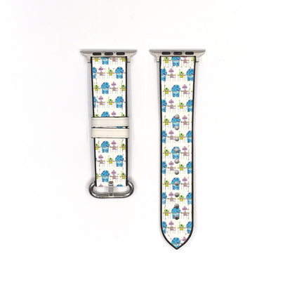Smartwatch with a colorful monster inc characters patterned band on a white background