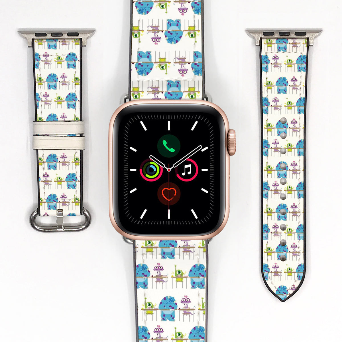 Smartwatch with a colorful monster inc characters patterned band on a white background