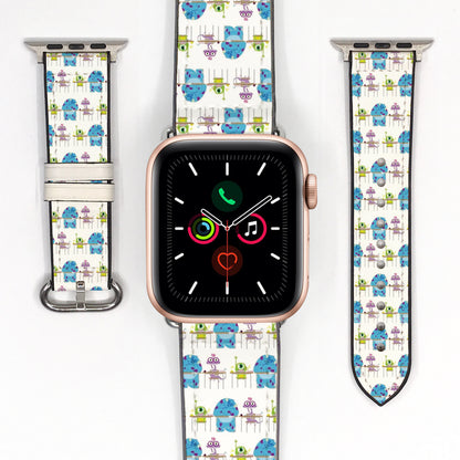 Smartwatch with a colorful monster inc characters patterned band on a white background
