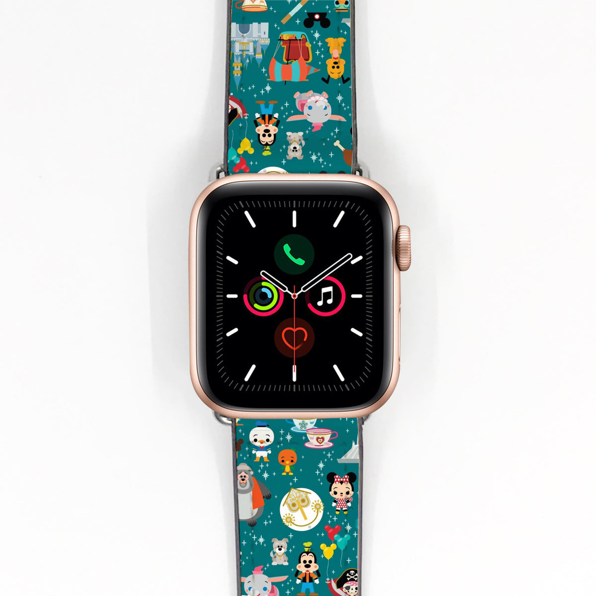 Smartwatch with a colorful disney theme park attractions patterned band on a white background
