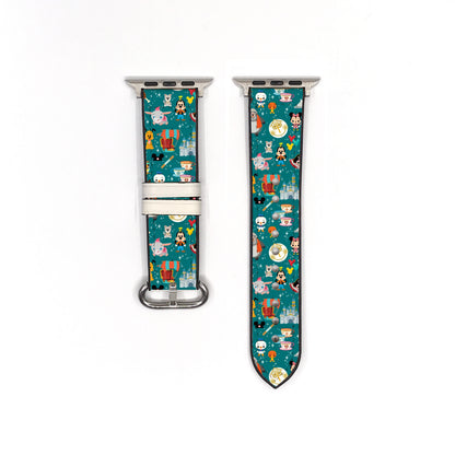 Smartwatch with a colorful disney theme park attractions patterned band on a white background