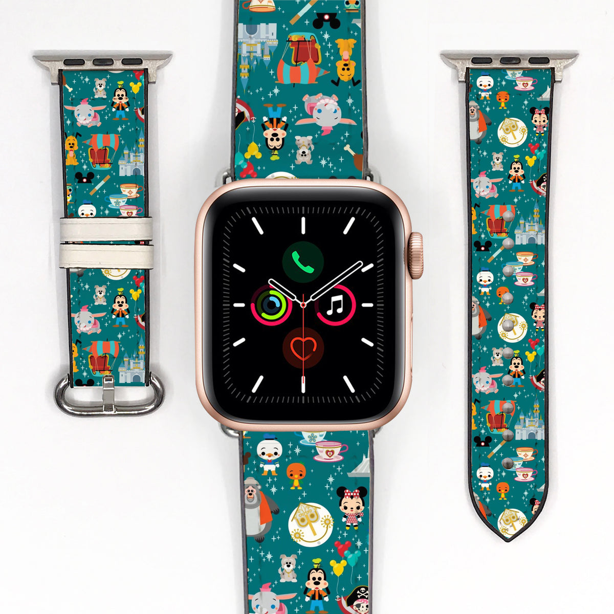Smartwatch with a colorful disney theme park attractions patterned band on a white background