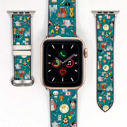 Smartwatch with a colorful disney theme park attractions patterned band on a white background