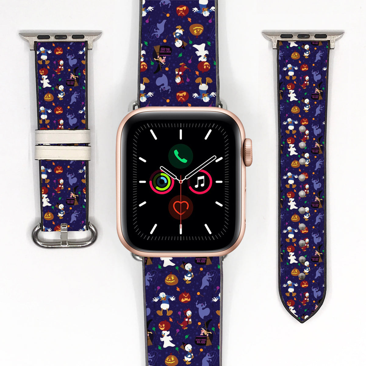 Smartwatch with a Donald Duck Halloween-themed strap on a white background