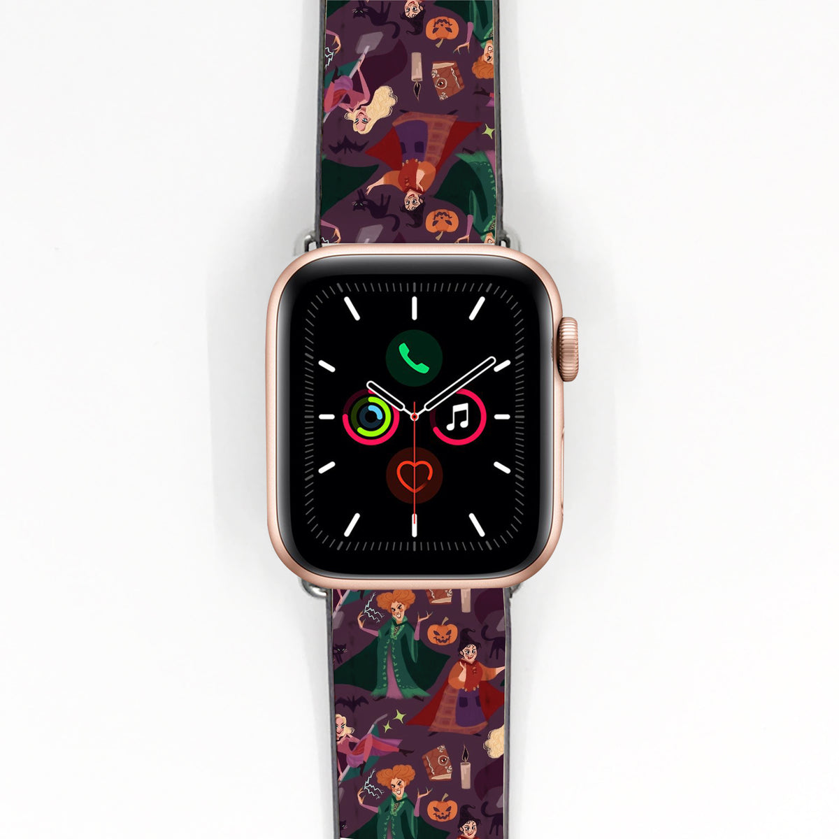 Smartwatch with a Hocus Pocus Halloween-themed strap on a white background