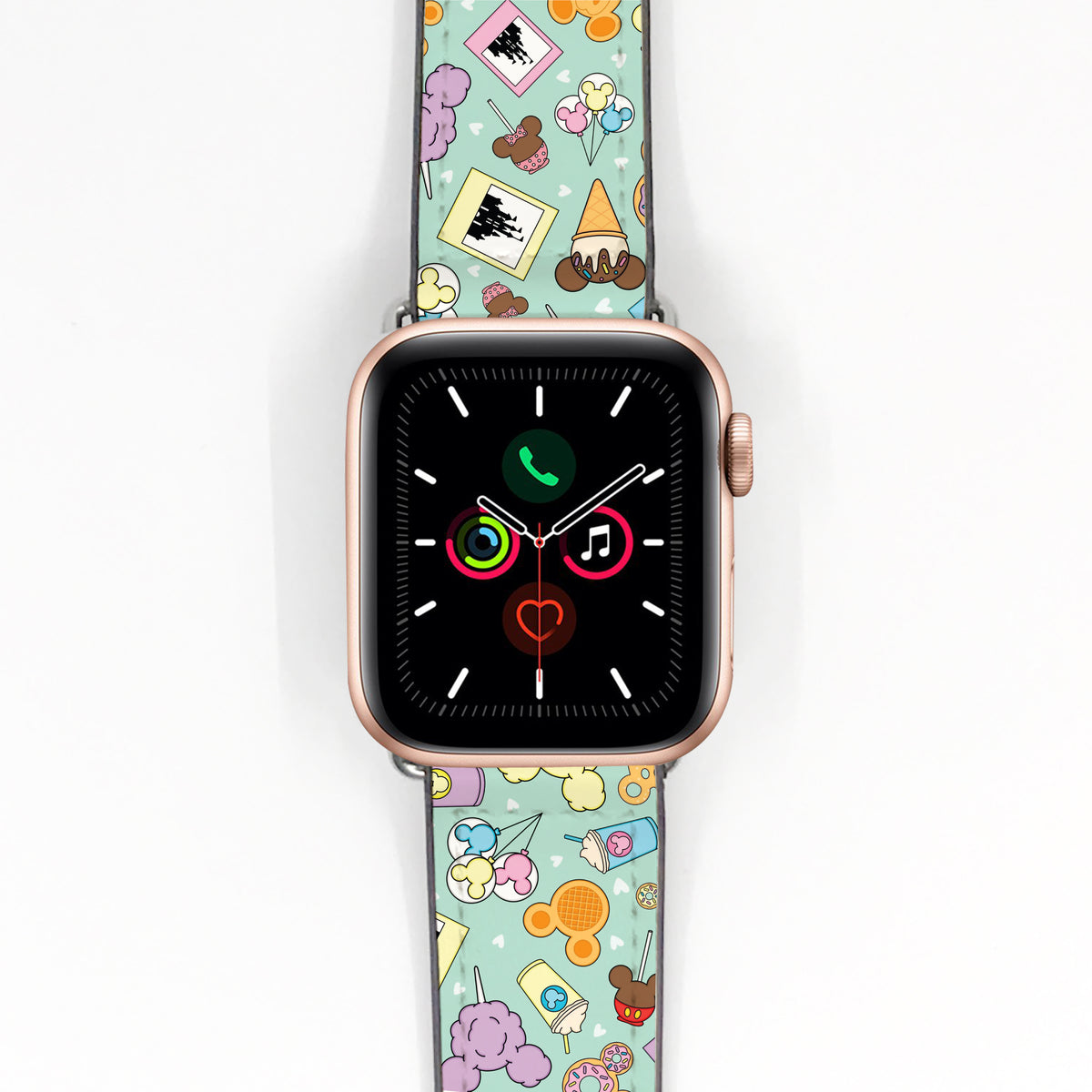 Smartwatch with a colorful disney theme park snack patterned band on a white background