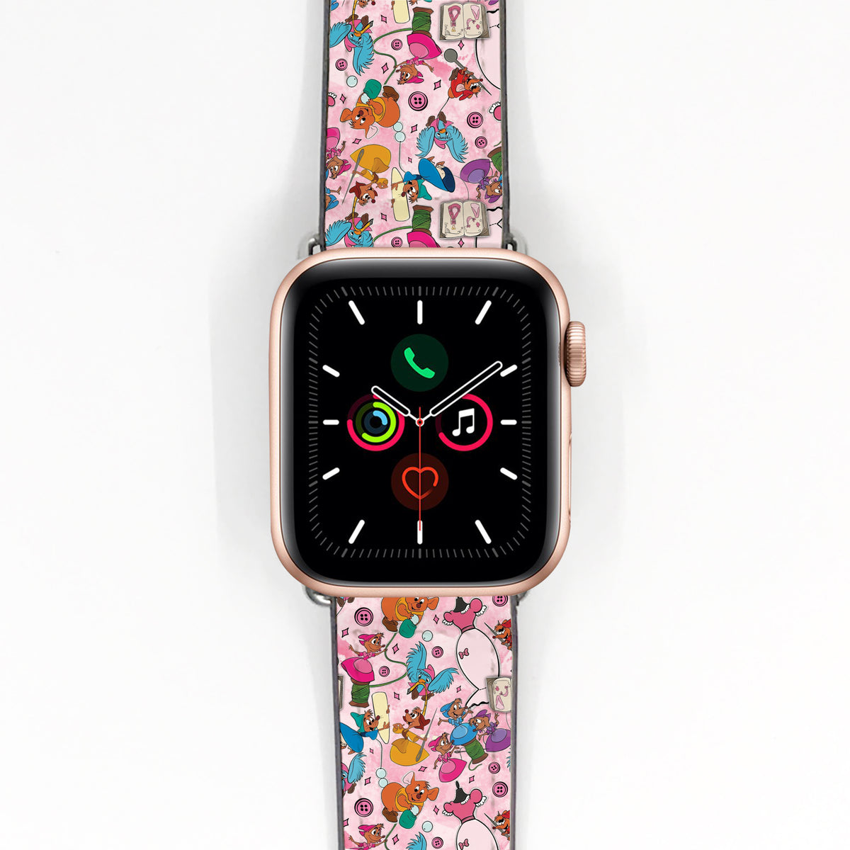 Smartwatch with a colorful cinderella mouse mates patterned band on a white background
