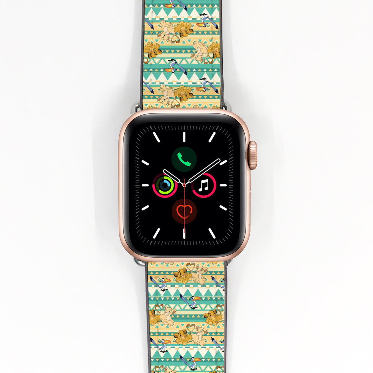 Smartwatch with a colorful lion king patterned band on a white background
