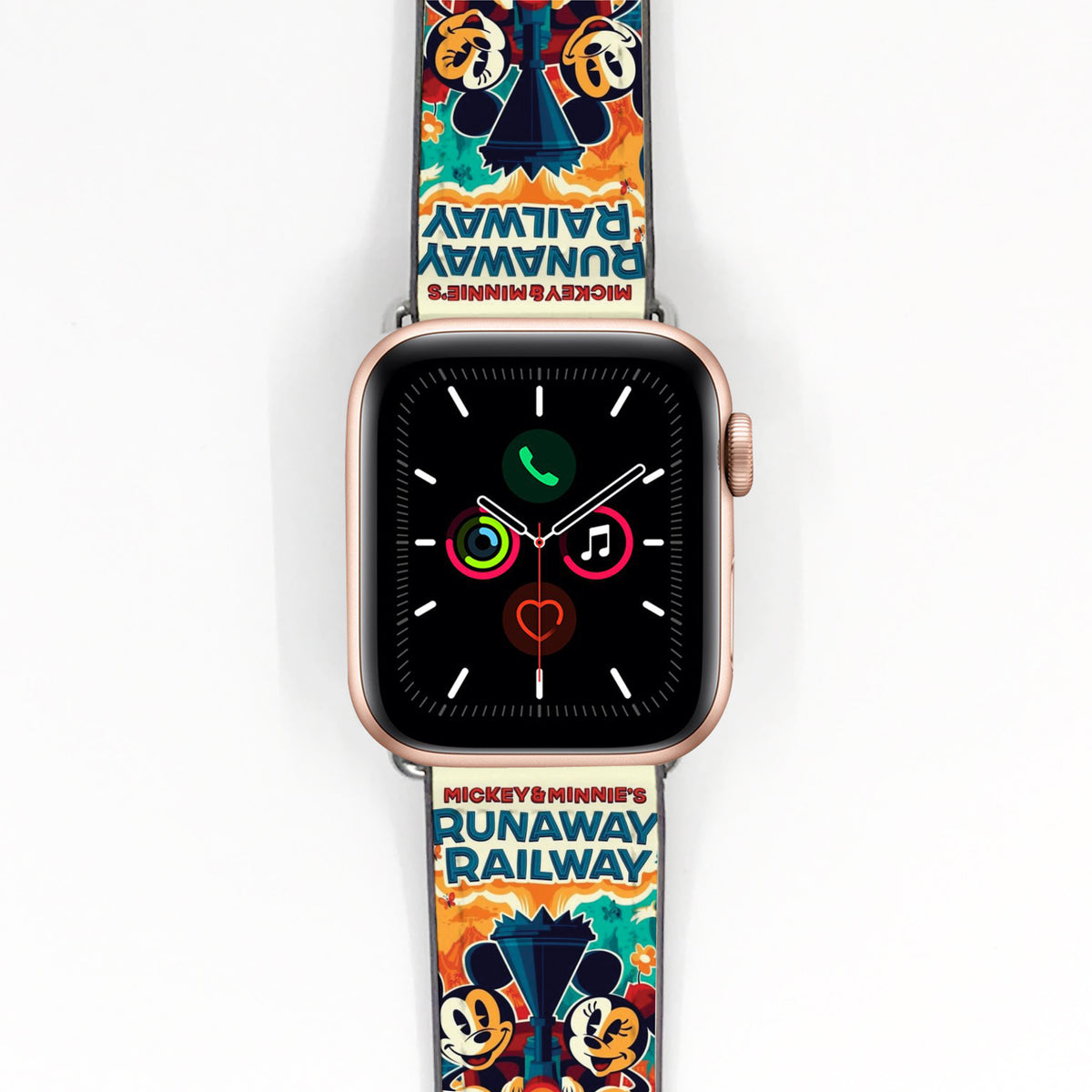 Smartwatch with a colorful 'Mickey & Minnie's Runaway Railway' band on a white background
