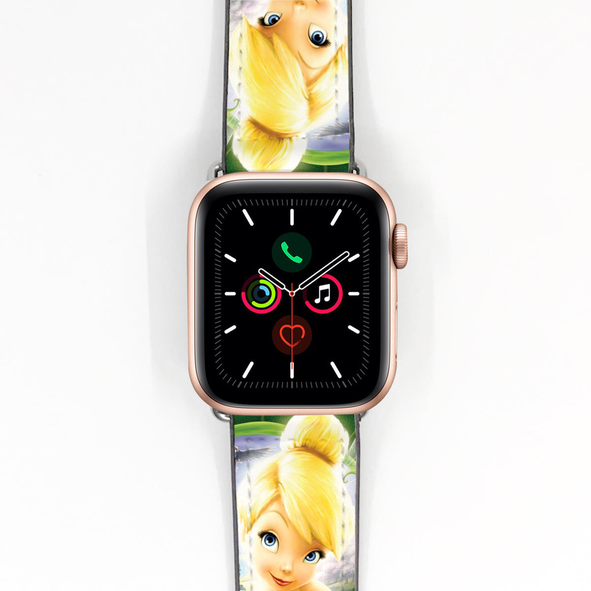 Green fairy character Apple Watch band displayed on a rose gold smartwatch with blonde fairy artwork.