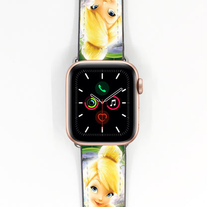 Green fairy character Apple Watch band displayed on a rose gold smartwatch with blonde fairy artwork.