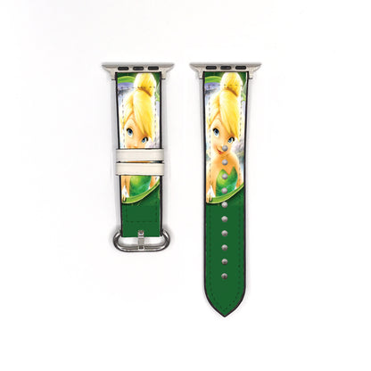 Green fairy Apple Watch band showing the printed character design, solid green strap section, and silver-tone hardware.