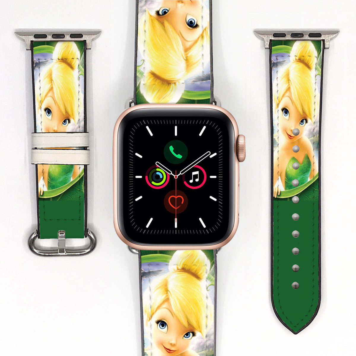 Close-up of a green fairy-themed Apple Watch band featuring blonde character artwork and a deep green strap.