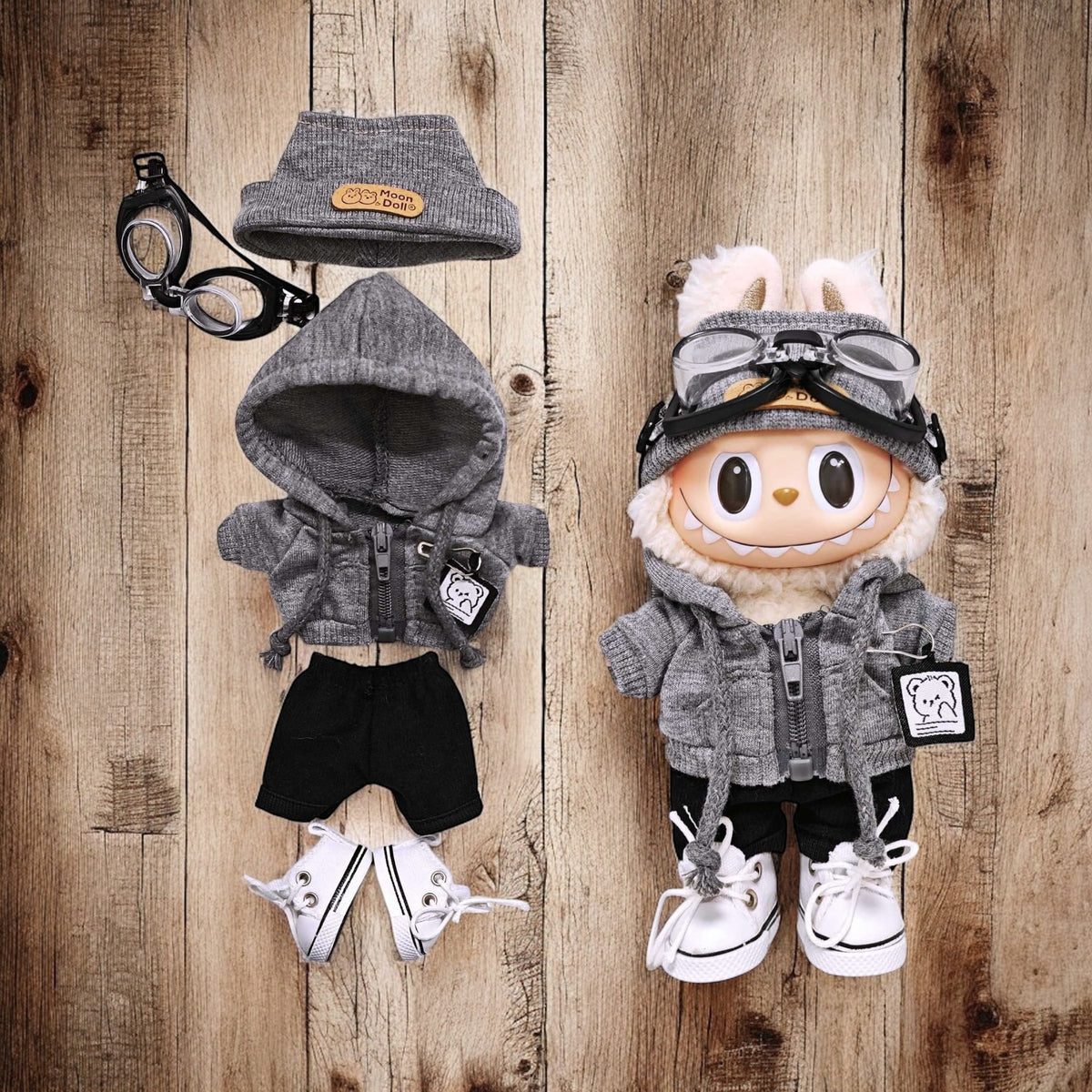 Street Snap Starter Kit Gray Hoodie Photographer Outfit - Handmand Labubu Doll Outfit