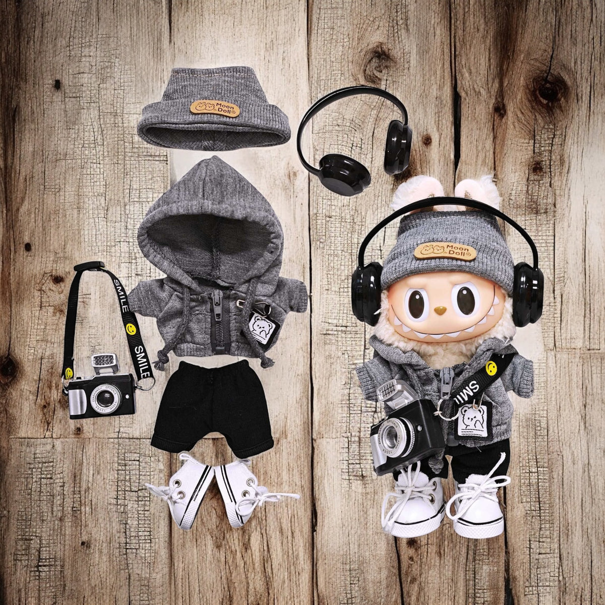 Street Snap Starter Kit Gray Hoodie Photographer Outfit - Handmand Labubu Doll Outfit