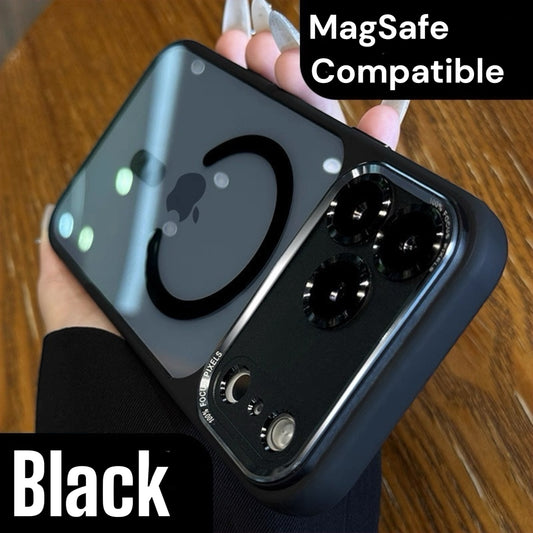 Black iphone 17 pro max case with 'MagSafe Compatible' text held by a person on a wooden surface