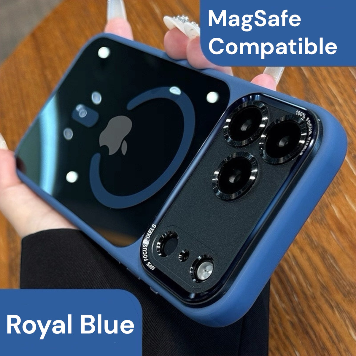 Royal Blue iphone 17 pro max case with 'MagSafe Compatible' text held by a person on a wooden surface