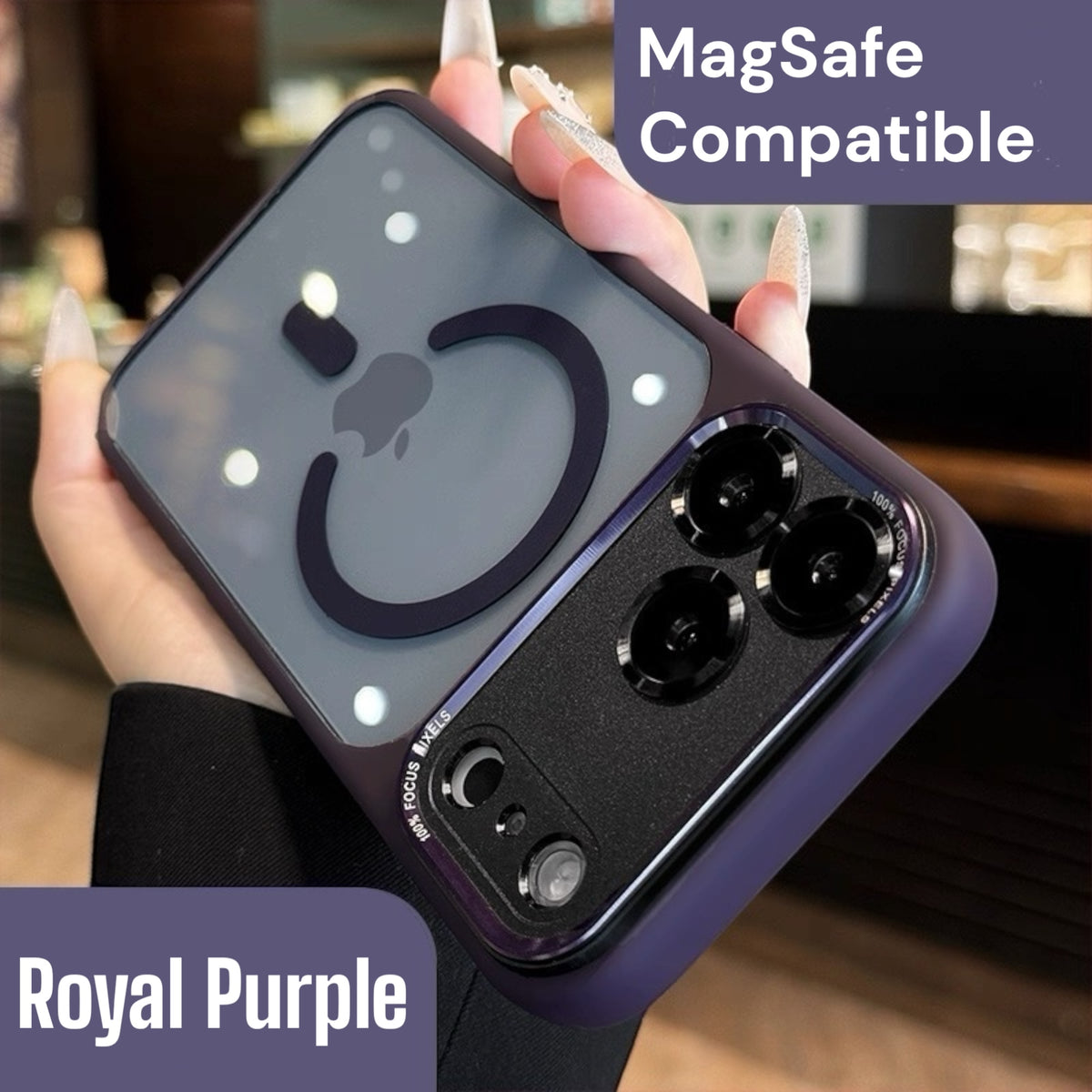 Hand holding a Royal Purple iphone 17 pro max case with MagSafe compatibility label and 'Royal Purple' text.