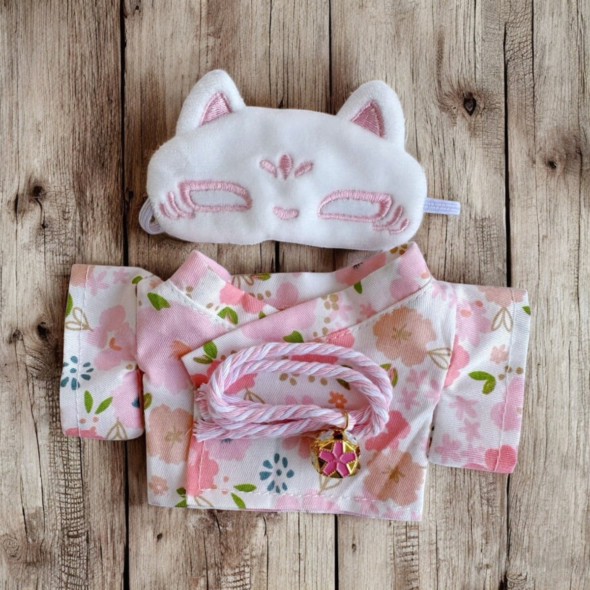 Handmand “Fox & Flowers” Yukata Set Outfit — Floral Kimono Top, Braided Obi Cord, Embroidered Fox