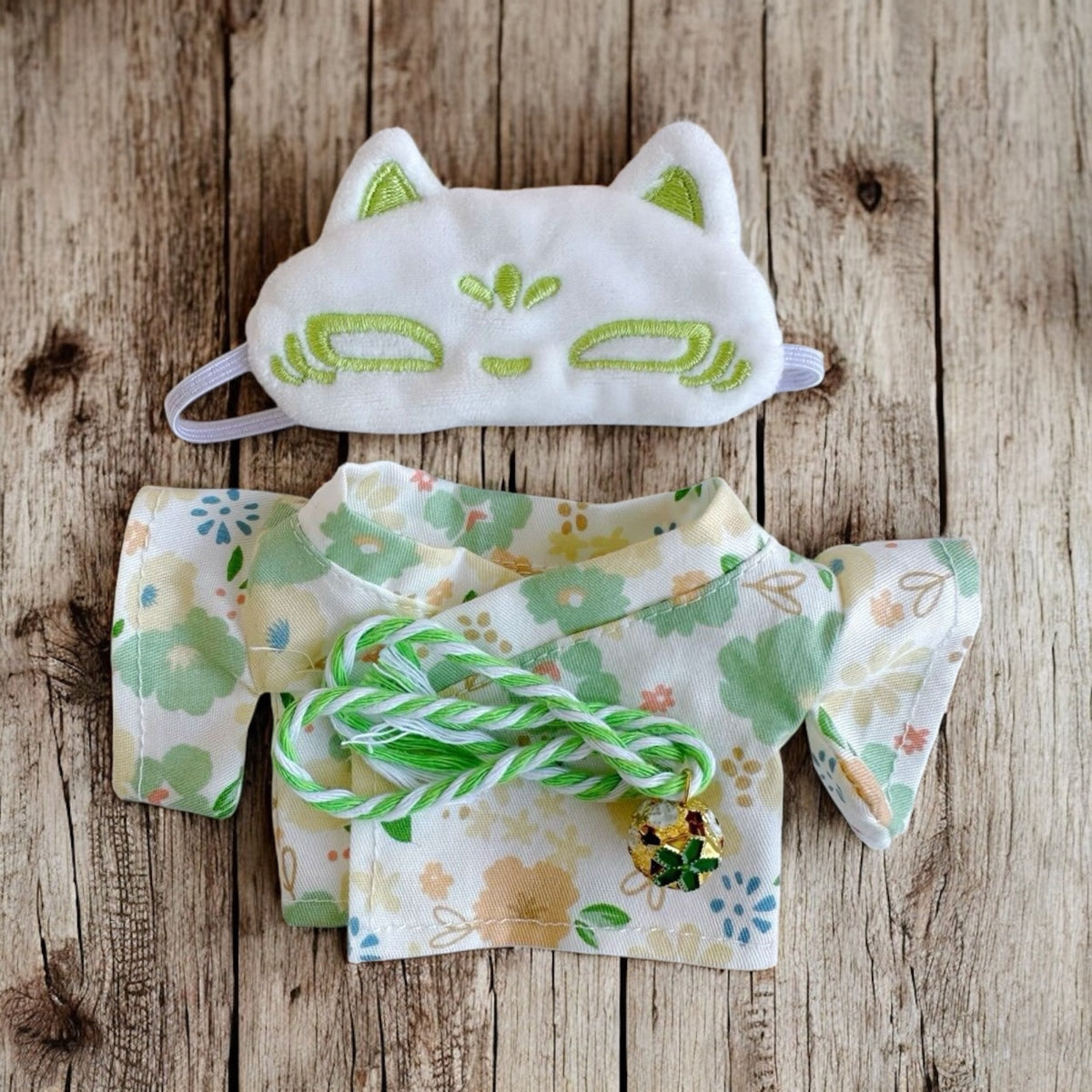 Handmand “Fox & Flowers” Yukata Set Outfit — Floral Kimono Top, Braided Obi Cord, Embroidered Fox