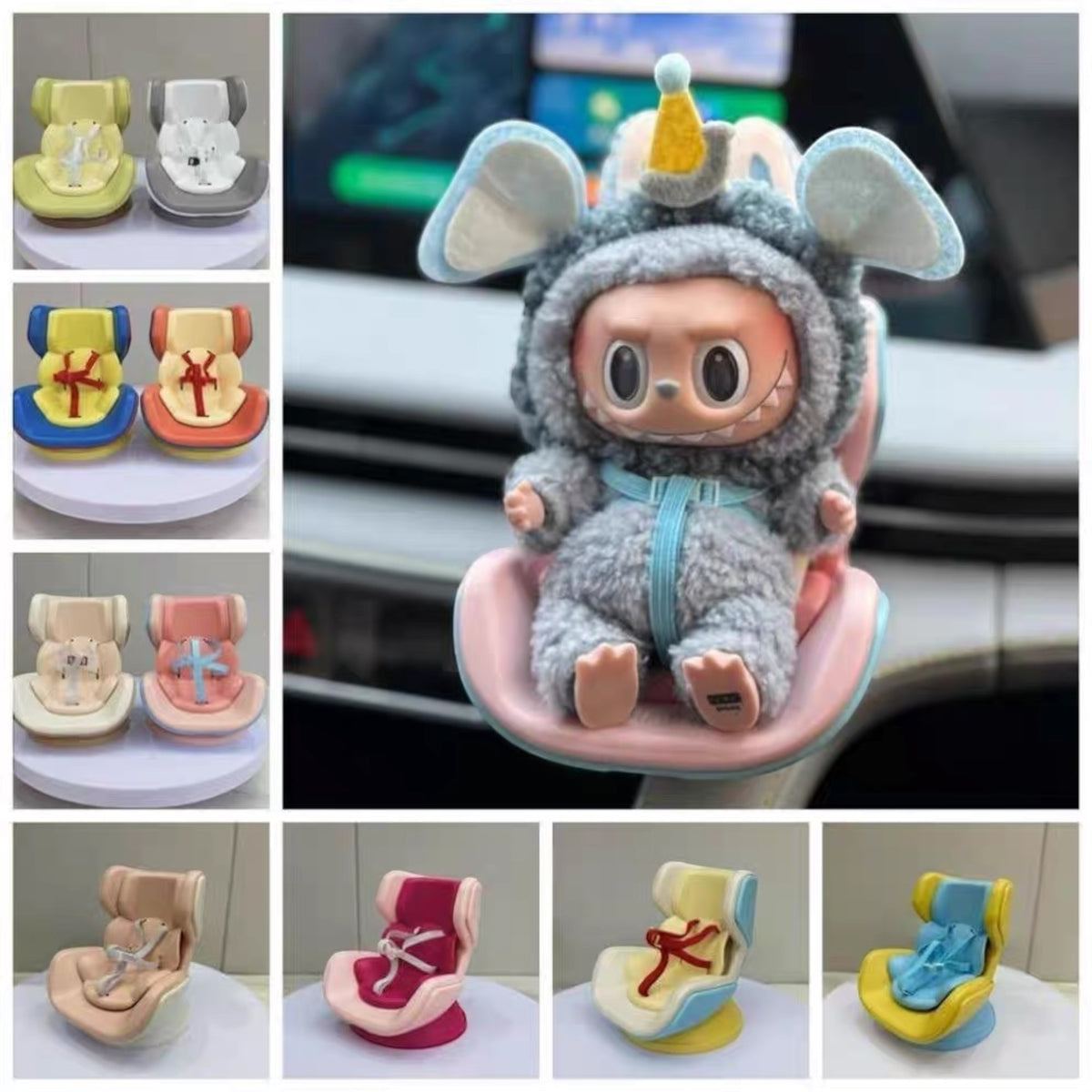 Plush toy Labubu Doll with a car seat attachment in various colors