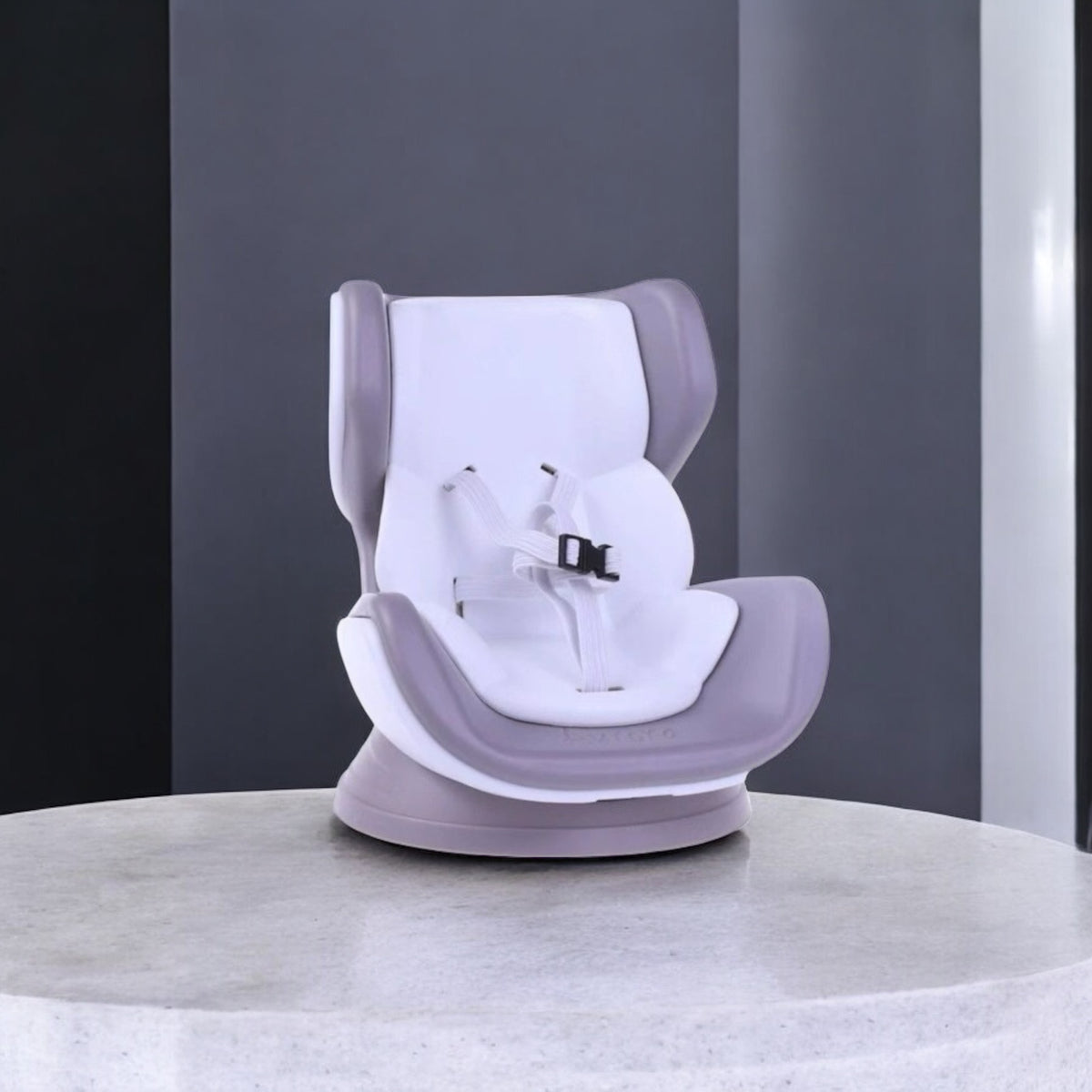 Baby car seat with white cushion and purple frame on a gray surface
