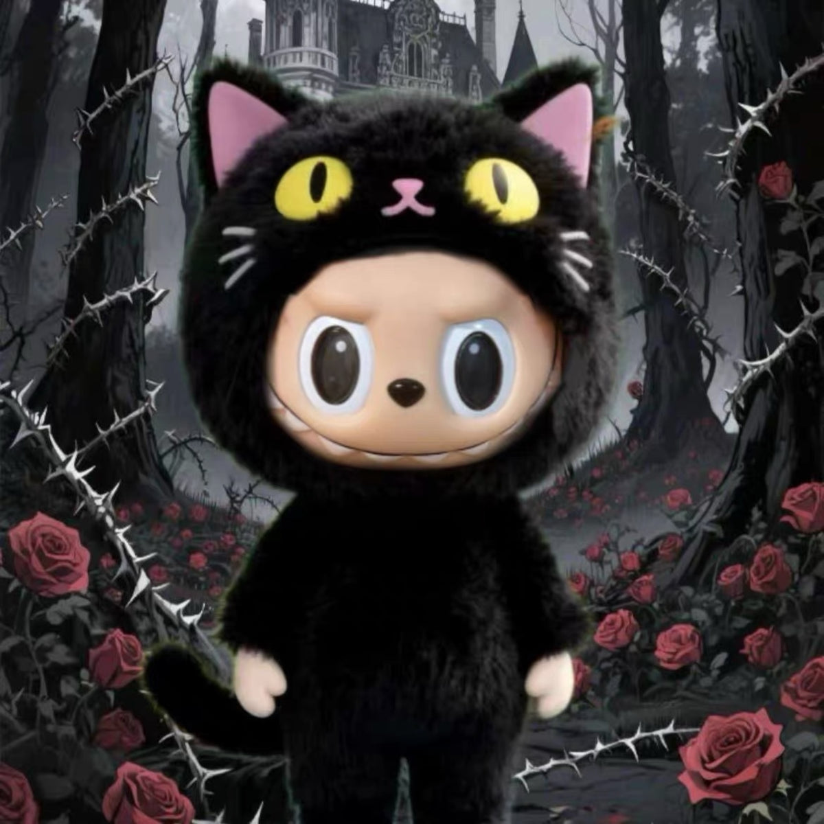 Labubu Doll Wearing a Black Cat Costume with halloween style background