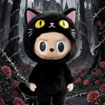 Labubu Doll Wearing a Black Cat Costume with halloween style background