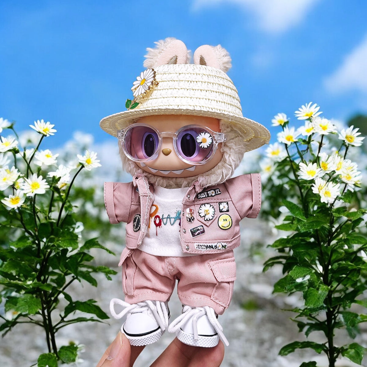 Handmand Daisy Street Utility Set | Pink Jacket + Cargo Pants + Tee + Round Shades + Straw Hat, fits for 17cm Labubu doll