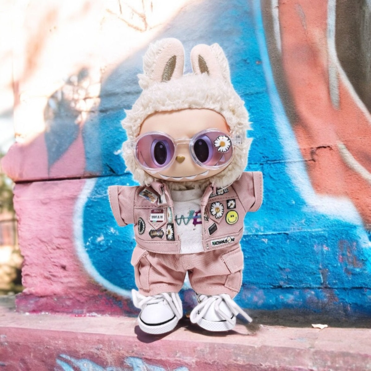 Handmand Daisy Street Utility Set | Pink Jacket + Cargo Pants + Tee + Round Shades + Straw Hat, fits for 17cm Labubu doll