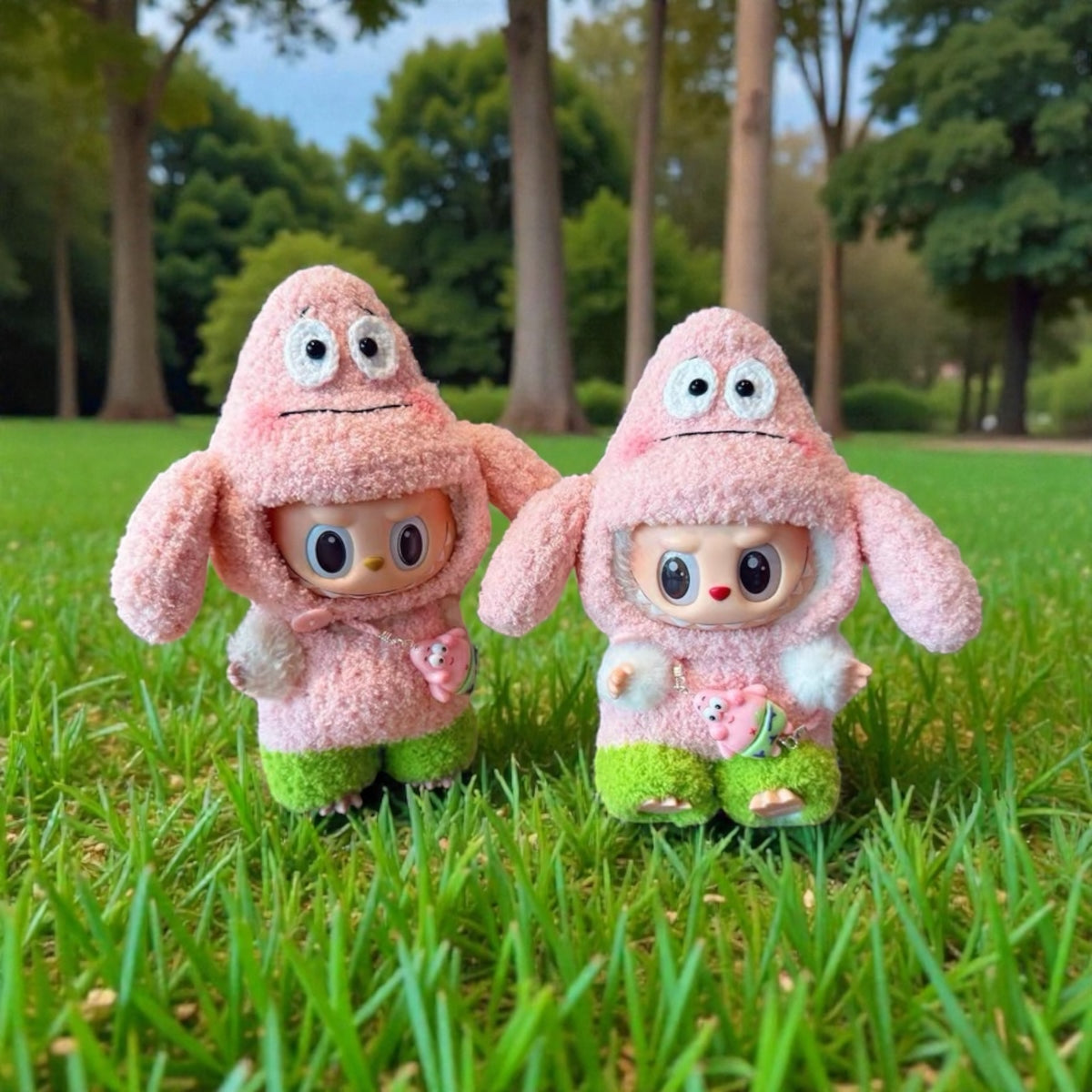 labubu doll wearing Patrick Star Inspired Crochet Outfit standing on grass