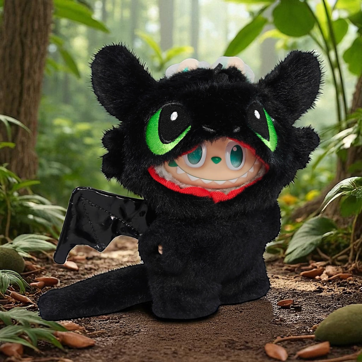 Labubu Plush toy wearing a toothless Costume - a dragon with black fur, green eyes, and red mouth in a forest setting.
