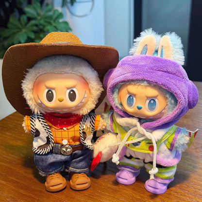 Two animated characters toy story - woody and buzz lightyear, one in a cowboy outfit and the other in a purple snowsuit with bunny ears, on a wooden surface.