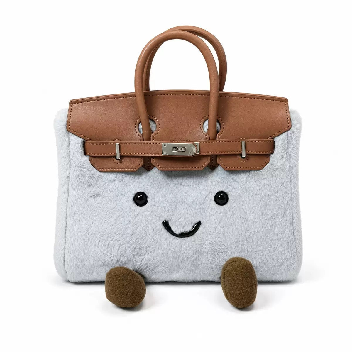 Gray plush smiley face handbag with brown handles and cute 3D legs