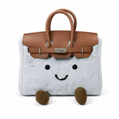 Gray plush smiley face handbag with brown handles and cute 3D legs