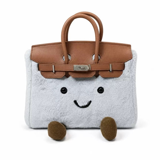 Gray plush smiley face handbag with brown handles and cute 3D legs